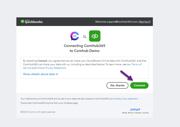 Connect QuickBooks Online to ComHub365.